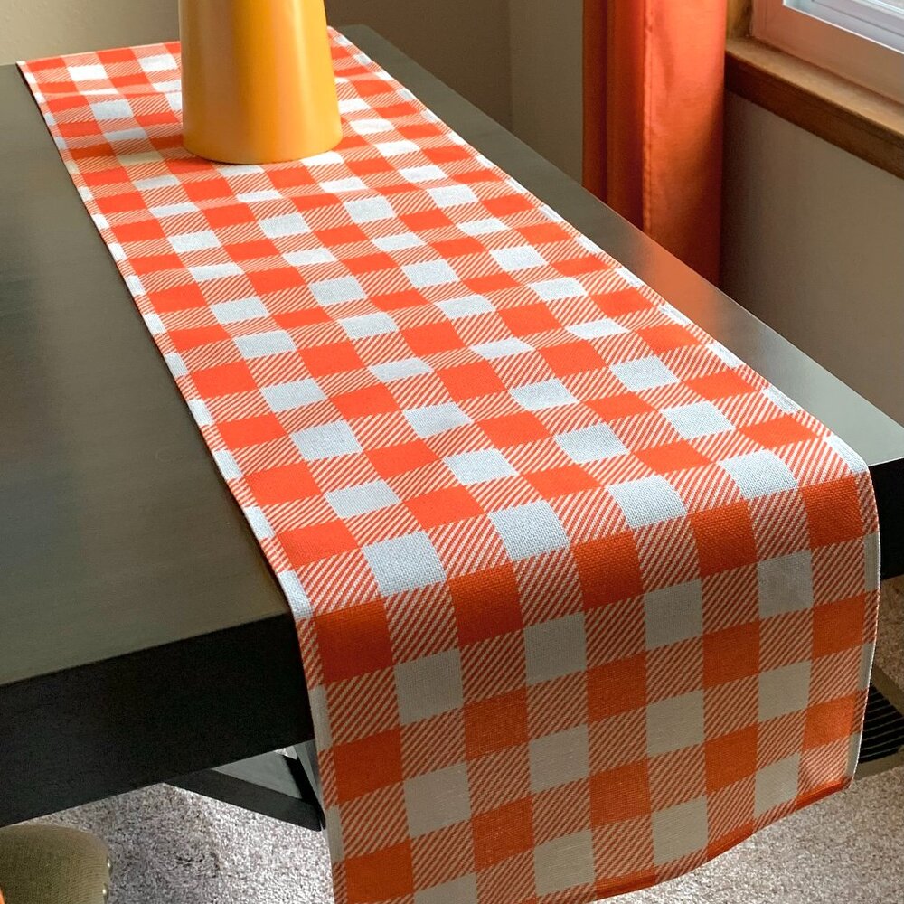 Farmhouse Rustic Autumn Fall Orange Buffalo Check Plaid 72" Linen Table Runner